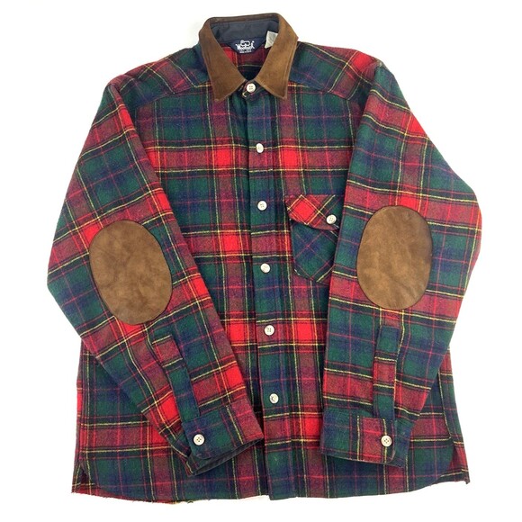 Vintage Woolrich Tweed Button Up Shirt Elbow Patches Tartan Plaid USA Mens M - Picture 1 of 12